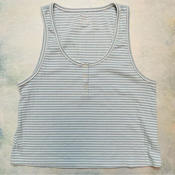 aerie Tops - Aerie Blue & White Striped Ribbed Cropped Henley Tank Top | Medium